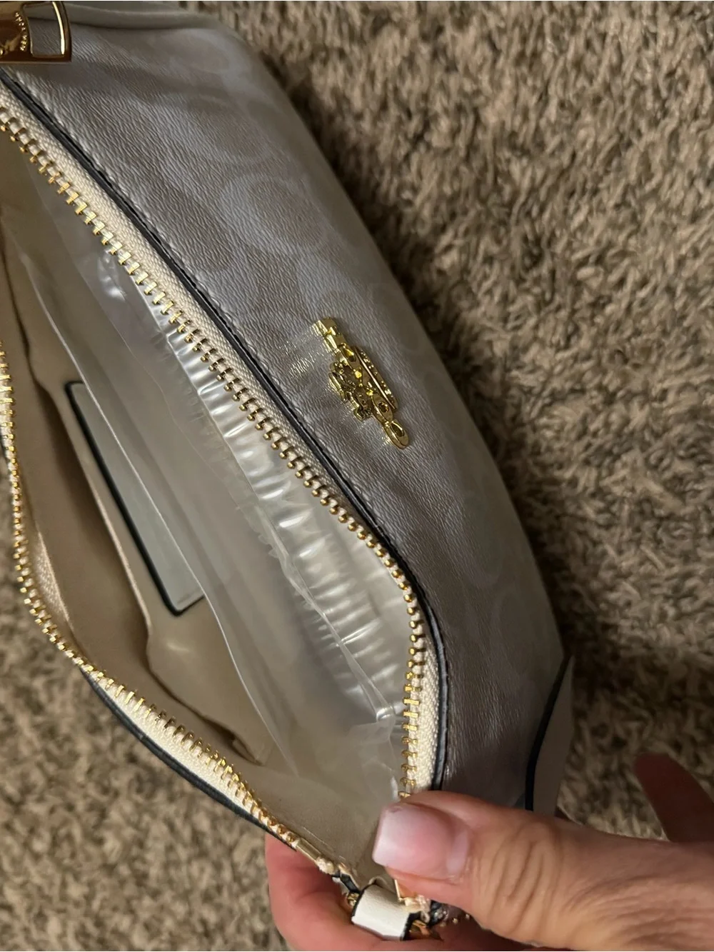 Coach Cream and White Signature Shoulder Bag with Gold-Tone Hardware